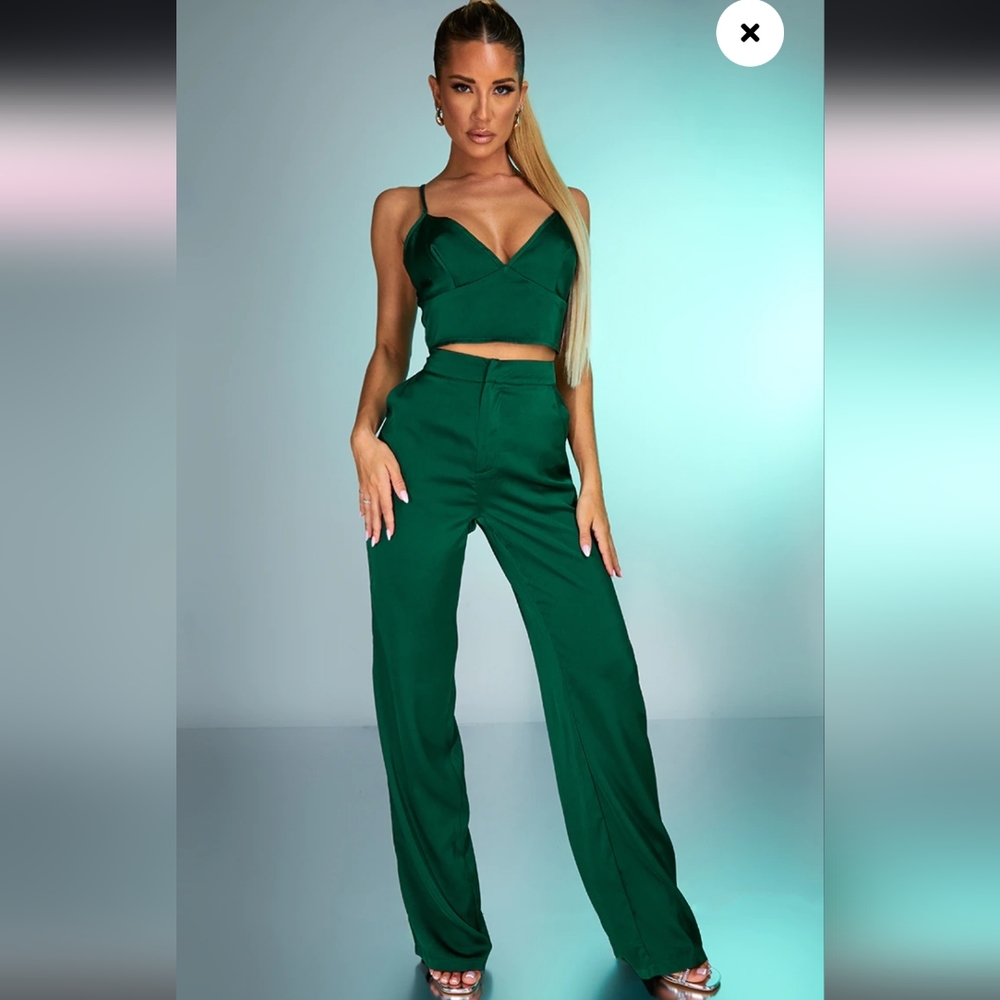 Forest Green Satin High Waist Wide Leg Pants
